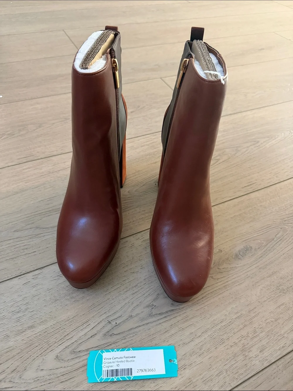 Vince Camuto Brown Leather Platform Ankle Boots with Black Stretch Panels